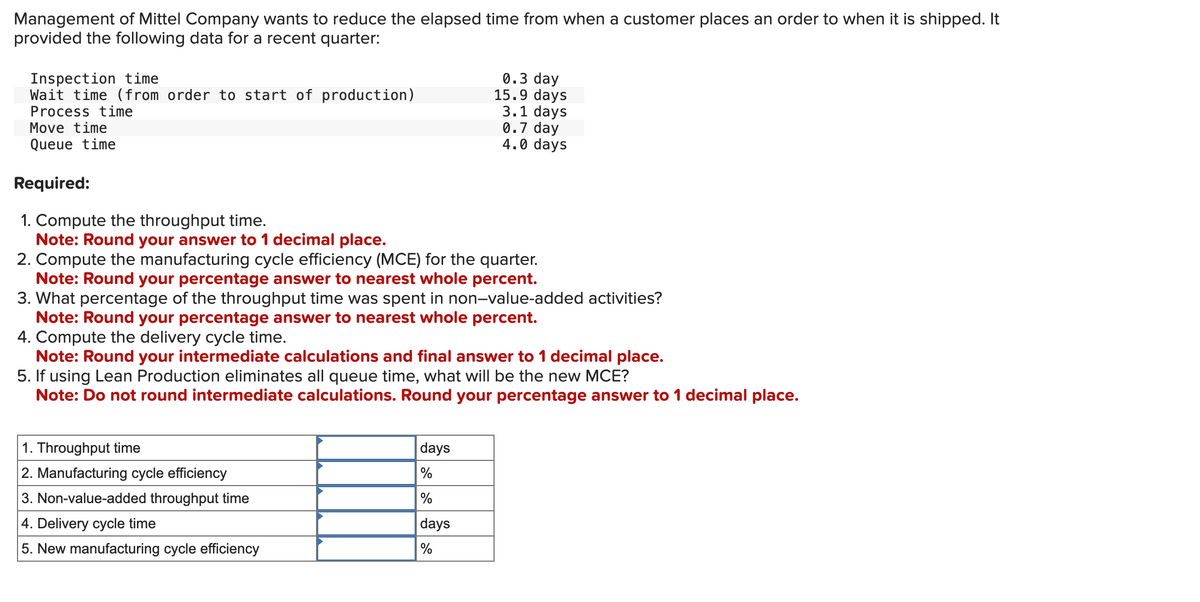 Management of Mittel Company wants to reduce the elapsed time from when a customer places an order to when it is shipped. It
provided the following data for a recent quarter:
Inspection time
Wait time (from order to start of production)
Process time
Move time
Queue time
Required:
1. Compute the throughput time.
Note: Round your answer to 1 decimal place.
2. Compute the manufacturing cycle efficiency (MCE) for the quarter.
Note: Round your percentage answer to nearest whole percent.
1. Throughput time
2. Manufacturing cycle efficiency
3. Non-value-added throughput time
0.3 day
15.9 days
3.1 days
3. What percentage of the throughput time was spent in non-value-added activities?
Note: Round your percentage answer to nearest whole percent.
4. Compute the delivery cycle time.
Note: Round your intermediate calculations and final answer to 1 decimal place.
5. If using Lean Production eliminates all queue time, what will be the new MCE?
Note: Do not round intermediate calculations. Round your percentage answer to 1 decimal place.
4. Delivery cycle time
5. New manufacturing cycle efficiency
0.7 day
4.0 days
days
%
%
days
%