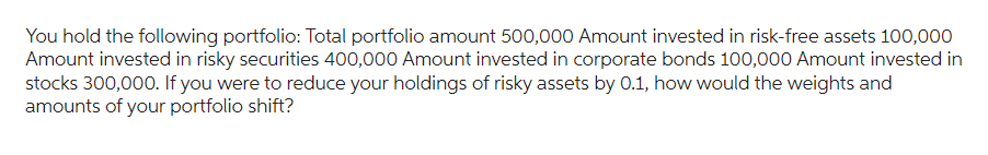 You hold the following portfolio: Total portfolio amount 500,000 Amount invested in risk-free assets 100,000
Amount invested in risky securities 400,000 Amount invested in corporate bonds 100,000 Amount invested in
stocks 300,000. If you were to reduce your holdings of risky assets by 0.1, how would the weights and
amounts of your portfolio shift?