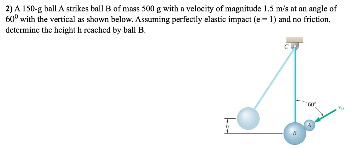 2) A 150-g ball A strikes ball B of mass 500 g with a velocity of magnitude 1.5 m/s at an angle of
60° with the vertical as shown below. Assuming perfectly elastic impact (e = 1) and no friction,
determine the height h reached by ball B.
h
B
60°
Vo