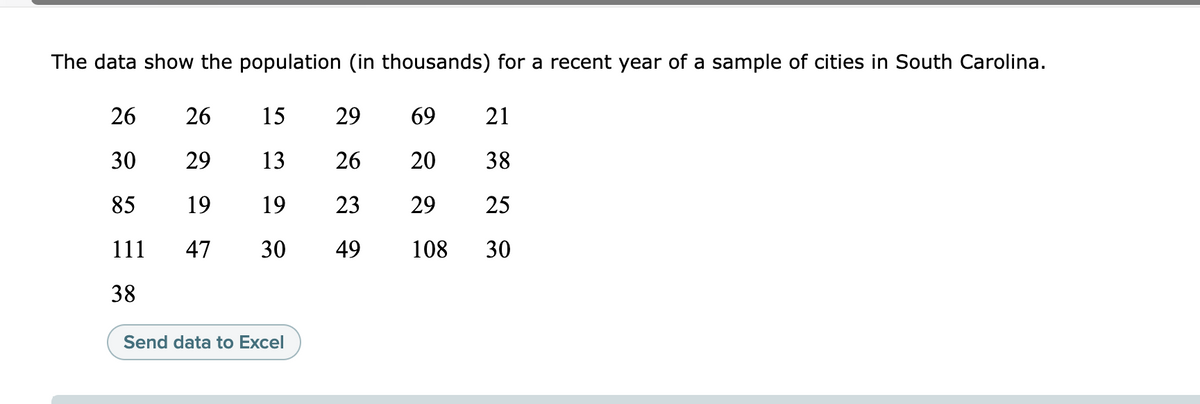 The data show the population (in thousands) for a recent year of a sample of cities in South Carolina.
26
26
15
29
69
21
30
29
13
26
20
38
85
19
19
23
29
25
111
47
30
49
108
30
38
Send data to Excel
