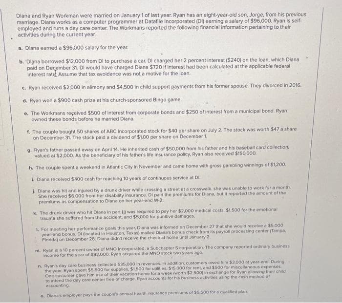 Diana and Ryan Workman were married on January 1 of last year. Ryan has an eight-year-old son, Jorge, from his previous
marriage. Diana works as a computer programmer at Datafile Incorporated (DI) earning a salary of $96,000. Ryan is self-
employed and runs a day care center. The Workmans reported the following financial information pertaining to their
activities during the current year.
a. Diana earned a $96,000 salary for the year.
b. Diana borrowed $12,000 from Dl to purchase a car. DI charged her 2 percent interest ($240) on the loan, which Diana
paid on December 31. DI would have charged Diana $720 if interest had been calculated at the applicable federal
interest rate Assume that tax avoidance was not a motive for the loan.
c. Ryan received $2,000 in alimony and $4,500 in child support payments from his former spouse. They divorced in 2016.
d. Ryan won a $900 cash prize at his church-sponsored Bingo game.
e. The Workmans received $500 of interest from corporate bonds and $250 of interest from a municipal bond. Ryan
owned these bonds before he married Diana.
f. The couple bought 50 shares of ABC Incorporated stock for $40 per share on July 2. The stock was worth $47 a share
on December 31. The stock paid a dividend of $1.00 per share on December 1.
9. Ryan's father passed away on April 14. He inherited cash of $50,000 from his father and his baseball card collection.
valued at $2,000. As the beneficiary of his father's life insurance policy, Ryan also received $150,000.
h. The couple spent a weekend in Atlantic City in November and came home with gross gambling winnings of $1,200.
1. Diana received $400 cash for reaching 10 years of continuous service at Dl.
J. Diana was hit and injured by a drunk driver while crossing a street at a crosswalk she was unable to work for a month.
She received $6,000 from her disability insurance. DI paid the premiums for Diana, but it reported the amount of the
premiums as compensation to Diana on her year-end W-2.
k. The drunk driver who hit Diana in part () was required to pay her $2,000 medical costs, $1,500 for the emotional
trauma she suffered from the accident, and $5,000 for punitive damages.
1. For meeting her performance goals this year, Diana was informed on December 27 that she would receive a $5,000
year-end bonus. DI (located in Houston, Texas) mailed Diana's bonus check from its payroll processing center (Tampa,
Florida) on December 28. Diana didn't receive the check at home until January 2
m. Ryan is a 10 percent owner of MNO Incorporated, a Subchapter S corporation. The company reported ordinary business
income for the year of $92,000. Ryan acquired the MNO stock two years ago.
n. Ryan's day care business collected $35,000 in revenues. In addition, customers owed him $3,000 at year-end. During
the year, Ryan spent $5,500 for supplies, $1,500 for utilities, $15,000 for rent, and $500 for miscellaneous expenses.
One customer gave him use of their vacation home for a week (worth $2,500) in exchange for Ryan allowing their child
to attend the day care center free of charge. Ryan accounts for his business activities using the cash method of
accounting.
o. Diana's employer pays the couple's annual health insurance premiums of $5,500 for a qualified plan.