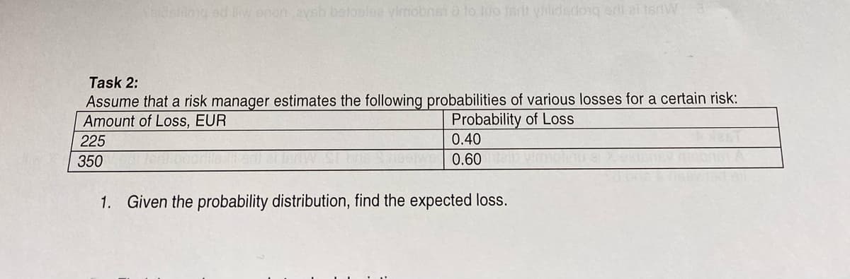 Seidsmong ed liw onon aysh bajosios vimobnsi à to Juo ferit vtilidadorq adi ai tsrW
Task 2:
Assume that a risk manager estimates the following probabilities of various losses for a certain risk:
Amount of Loss, EUR
Probability of Loss
0.40
0.60
225
350
1. Given the probability distribution, find the expected loss.