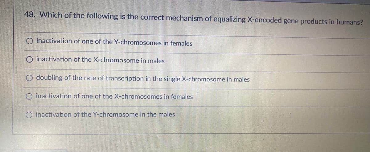 48. Which of the following is the correct mechanism of equalizing X-encoded gene products in humans?
O inactivation of one of the Y-chromosomes in females
O inactivation of the X-chromosome in males
doubling of the rate of transcription in the single X-chromosome in males
O inactivation of one of the X-chromosomes in females
O inactivation of the Y-chromosome in the males
