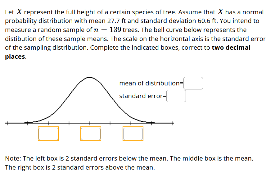Let X represent the full height of a certain species of tree. Assume that X has a normal
probability distribution with mean 27.7 ft and standard deviation 60.6 ft. You intend to
measure a random sample of n = 139 trees. The bell curve below represents the
distibution of these sample means. The scale on the horizontal axis is the standard error
of the sampling distribution. Complete the indicated boxes, correct to two decimal
places.
mean of distribution=
standard error=
Note: The left box is 2 standard errors below the mean. The middle box is the mean.
The right box is 2 standard errors above the mean.