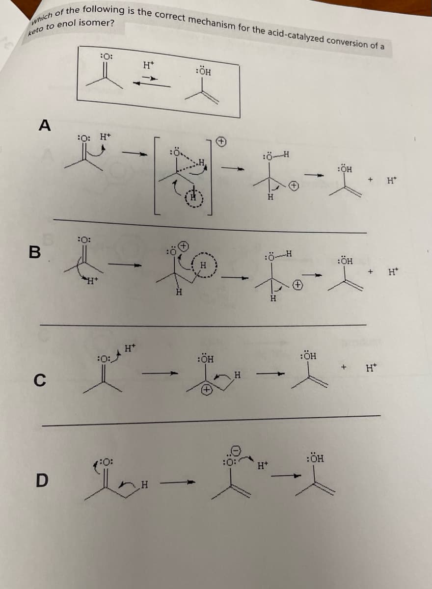 which of the following is the correct mechanism for the acid-catalyzed conversion of a
keto to enol isomer?
A
B
C
D
::
:O: H+
H+
一
:0:
In
:ÖH
::
:ÖH
另一面一卡一工..
H
+ H
H
H
H
H+
:ÖH
犬一一次。
H+
:ÖH
加一一
H+
:ÖH
:0
:ÖH
H+
:ÖH
