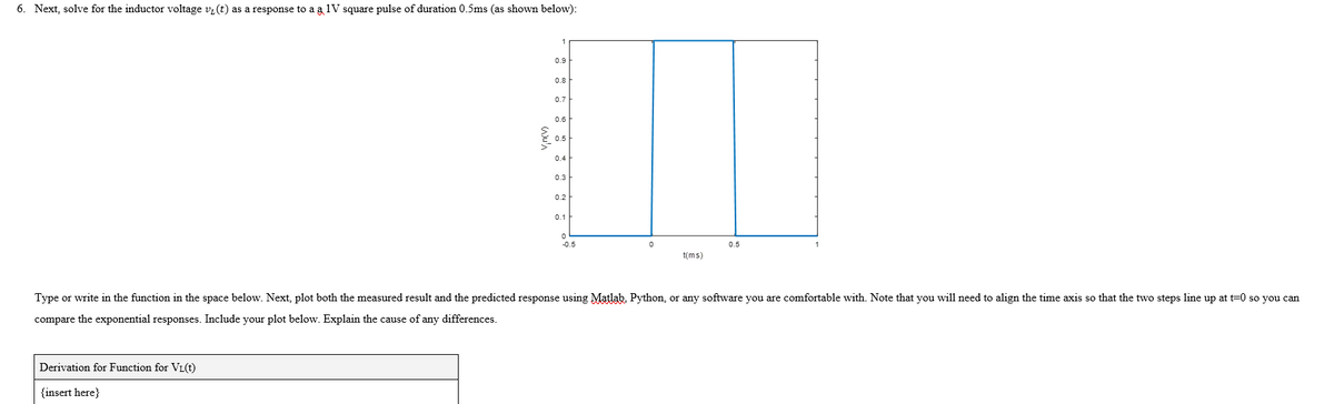 6. Next, solve for the inductor voltage v₁(t) as a response to a a 1V square pulse of duration 0.5ms (as shown below):
Vin(V)
0.9
0.8
0.7
0.6
0.5
0.4
0.3
0.2
0.1
0
-0.5
0
0.5
t(ms)
Type or write in the function in the space below. Next, plot both the measured result and the predicted response using Matlab, Python, or any software you are comfortable with. Note that you will need to align the time axis so that the two steps line up at t=0 so you can
compare the exponential responses. Include your plot below. Explain the cause of any differences.
Derivation for Function for VL(t)
{insert here}