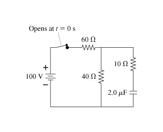 Opens at t = 0 s
100 V -
60 Ω
Μ
40 Ω 3
10 Ω
2.0 με