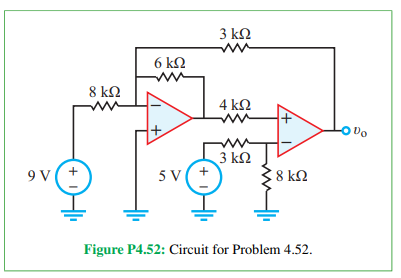 9V
+1
8 ΚΩ
6 ΚΩ
www
SV
3 ΚΩ
ww
4 ΚΩ
www
3 ΚΩ
18 ΚΩ
Figure P4.52: Circuit for Problem 4.52.
Do