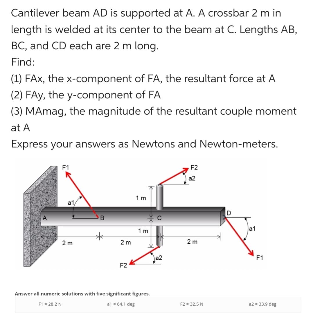 Cantilever beam AD is supported at A. A crossbar 2 m in
length is welded at its center to the beam at C. Lengths AB,
BC, and CD each are 2 m long.
Find:
(1) FAX, the x-component of FA, the resultant force at A
(2) FAy, the y-component of FA
(3) MAmag, the magnitude of the resultant couple moment
at A
Express your answers as Newtons and Newton-meters.
F1
a1
2 m
2m
F2
1m
1 m
V
Answer all numeric solutions with five significant figures.
F1 = 28.2 N
a1 = 64.1 deg
a2
F2
a2
2 m
F2 = 32.5 N
a1
F1
a2 = 33.9 deg