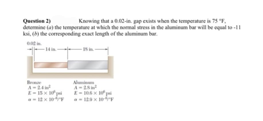 Question 2)
Knowing that a 0.02-in. gap exists when the temperature is 75 °F,
determine (a) the temperature at which the normal stress in the aluminum bar will be equal to -11
ksi, (b) the corresponding exact length of the aluminum bar.
0.02 in.
-14 in.
Bronze
A = 2.4 in²
E = 15 x 10 psi
a = 12 x 10-6/°F
-18 in.-
Aluminum
A = 2.8 in²
E = 10.6 x 105 psi
a = 12.9 x 10-6/°F