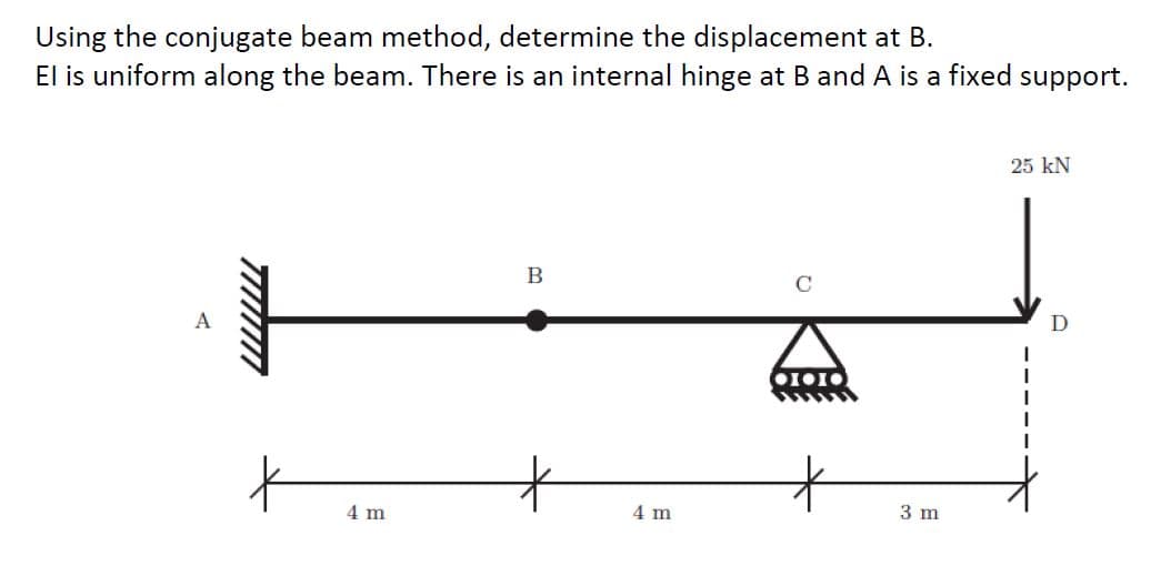 Using the conjugate beam method, determine the displacement at B.
El is uniform along the beam. There is an internal hinge at B and A is a fixed support.
25 kN
B
D
4 m
4 m
3 m
