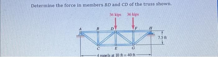 Determine the force in members BD and CD of the truss shown.
36 kips 36 kips
D
with
с
E
G
4 panels at 10 ft=40 ft
H
7.5 ft