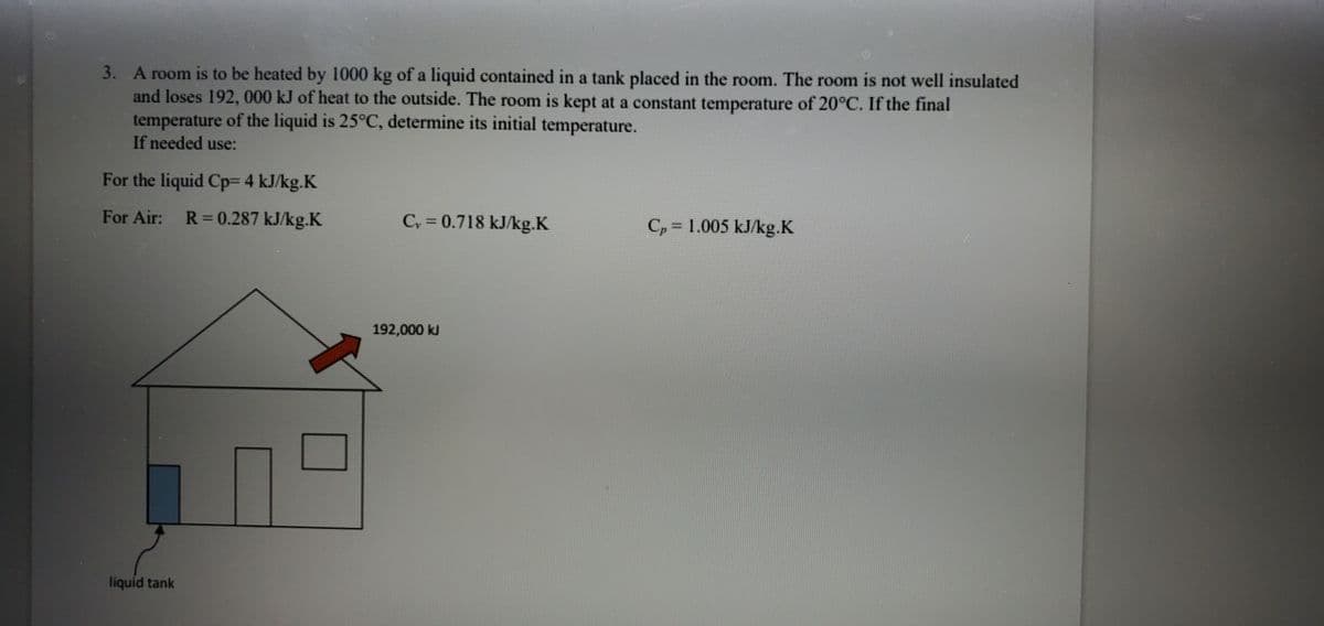 3. A room is to be heated by 1000 kg of a liquid contained in a tank placed in the room. The room is not well insulated
and loses 192, 000 kJ of heat to the outside. The room is kept at a constant temperature of 20°C. If the final
temperature of the liquid is 25°C, determine its initial temperature.
If needed use:
For the liquid Cp= 4 kJ/kg.K
For Air: R=0.287 kJ/kg.K
liquid tank
C₂ = 0.718 kJ/kg.K
192,000 kJ
C₂ = 1.005 kJ/kg.K