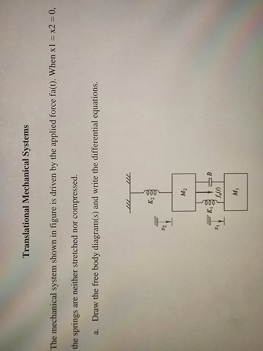 Translational Mechanical Systems
The mechanical system shown in figure is driven by the applied force fa(t). When x1 = x2 = 0,
the springs are neither stretched nor compressed.
a. Draw the free body diagram(s) and write the differential equations.
x2
wwK₁
X1
K₂
voo
000
M₂
fa(t)
M₁
B