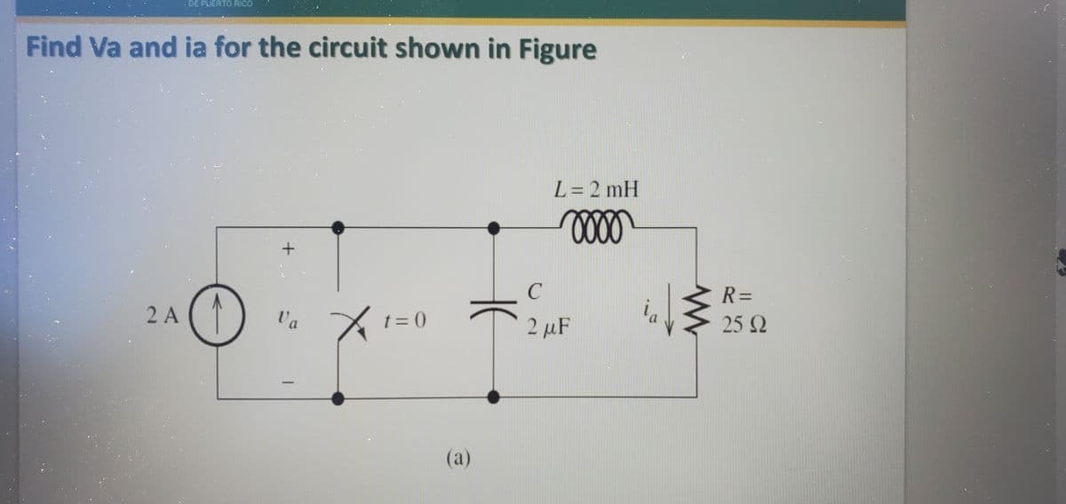 DE PUERTO RICO
Find Va and ia for the circuit shown in Figure
2 A
Va
-
X 1=0
(a)
L = 2mH
oooo
с
2 μF
ia
R=
25 Ω