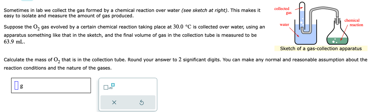 Sometimes in lab we collect the gas formed by a chemical reaction over water (see sketch at right). This makes it
easy to isolate and measure the amount of gas produced.
Suppose the O₂ gas evolved by a certain chemical reaction taking place at 30.0 °C is collected over water, using an
apparatus something like that in the sketch, and the final volume of gas in the collection tube is measured to be
63.9 mL.
g
x10
X
collected
Ś
gas
Sketch of a gas-collection apparatus
Calculate the mass of O₂ that is in the collection tube. Round your answer to 2 significant digits. You can make any normal and reasonable assumption about the
reaction conditions and the nature of the gases.
water
chemical
reaction