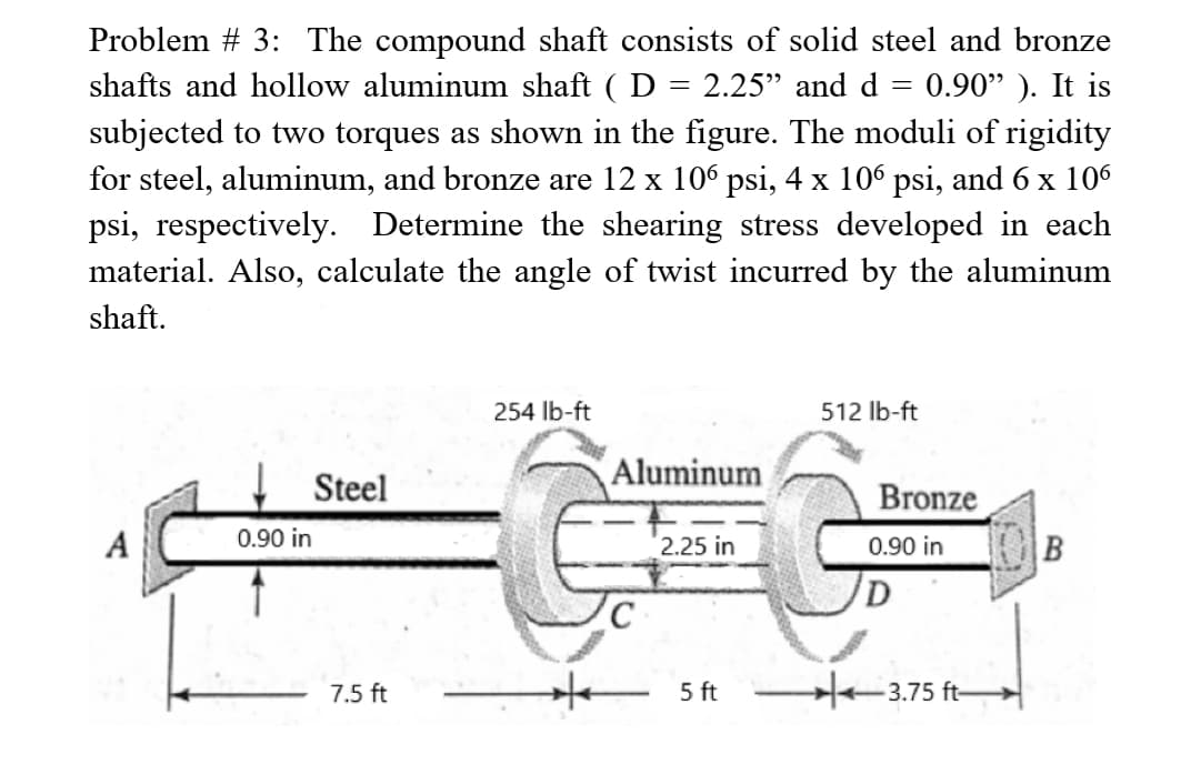 Problem #3: The compound shaft consists of solid steel and bronze
=
=
shafts and hollow aluminum shaft ( D: 2.25" and d 0.90" ). It is
subjected to two torques as shown in the figure. The moduli of rigidity
for steel, aluminum, and bronze are 12 x 106 psi, 4 x 106 psi, and 6 x 106
psi, respectively. Determine the shearing stress developed in each
material. Also, calculate the angle of twist incurred by the aluminum
shaft.
0.90 in
Steel
7.5 ft
254 lb-ft
Aluminum
C
2.25 in
512 lb-ft
G
Bronze
0.90 in
5 ft 3.75 ft-
B