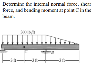 Determine the internal normal force, shear
force, and bending moment at point C in the
beam.
300 lb/ft
|C
B
-3 ft-
-3 ft-
-3 ft-

