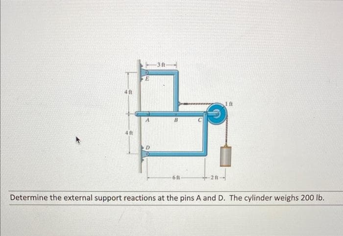 4 ft
E
D
-3 ft
B
-6ft
-2 ft
1 ft
Determine the external support reactions at the pins A and D. The cylinder weighs 200 lb.