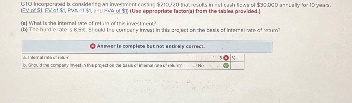 GTO Incorporated is considering an investment costing $210,720 that results in net cash flows of $30,000 annually for 10 years.
(PV of $1, FV of $1, PVA of $1, and FVA of $1) (Use appropriate factor(s) from the tables provided.)
(a) What is the internal rate of return of this investment?
(b) The hurdle rate is 8.5%. Should the company invest in this project on the basis of internal rate of return?
Answer is complete but not entirely correct.
a. Internal rate of return
8 × %
b. Should the company invest in this project on the basis of internal rate of return?
No