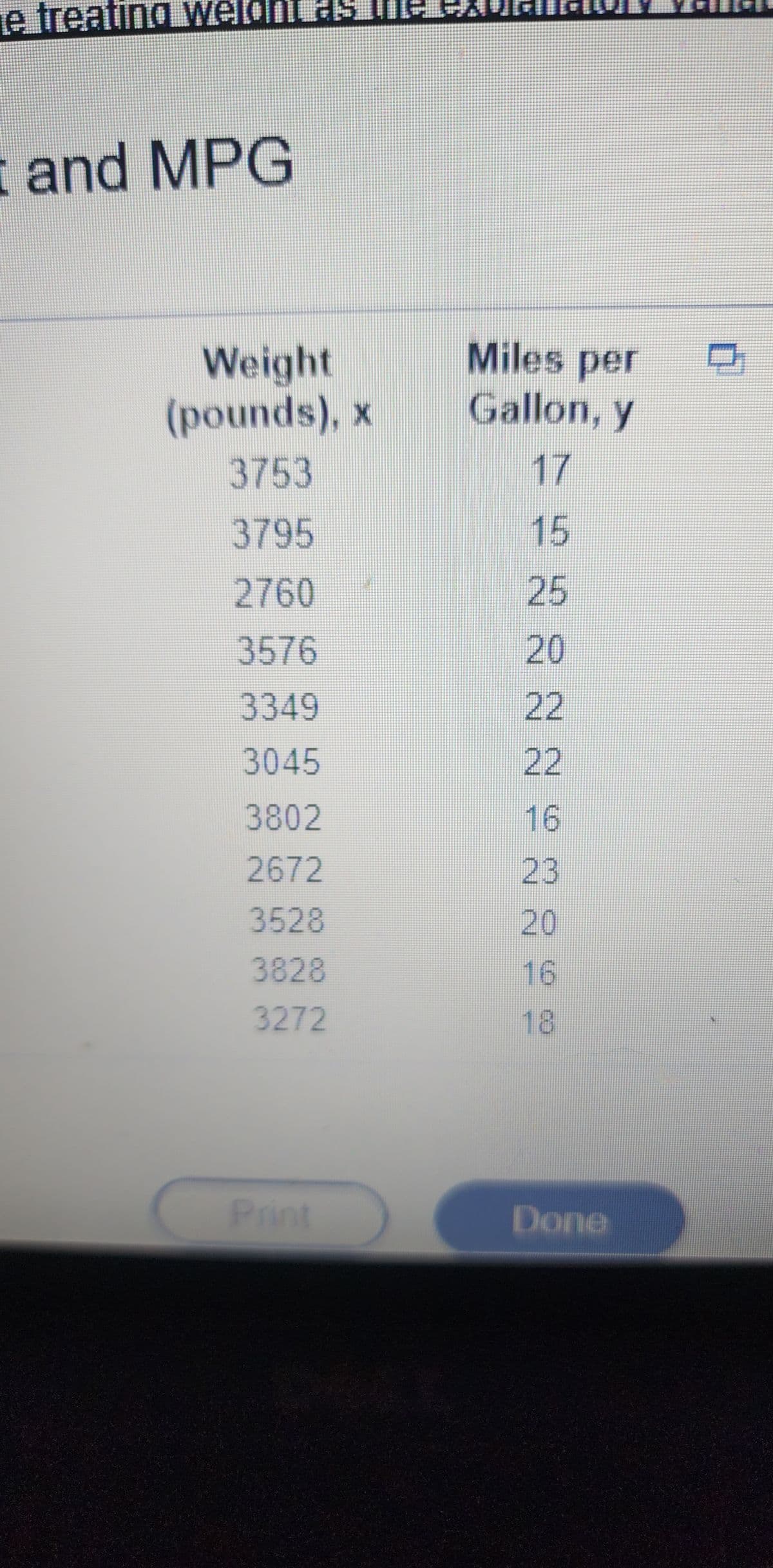 e treating w
I and MPG
Weight
(pounds), x
3753
3795
2760
3576
3349
3045
3802
2672
3528
3828
3272
Miles per
Gallon, y
17
15
25
20
22
22
16
20
Done
0