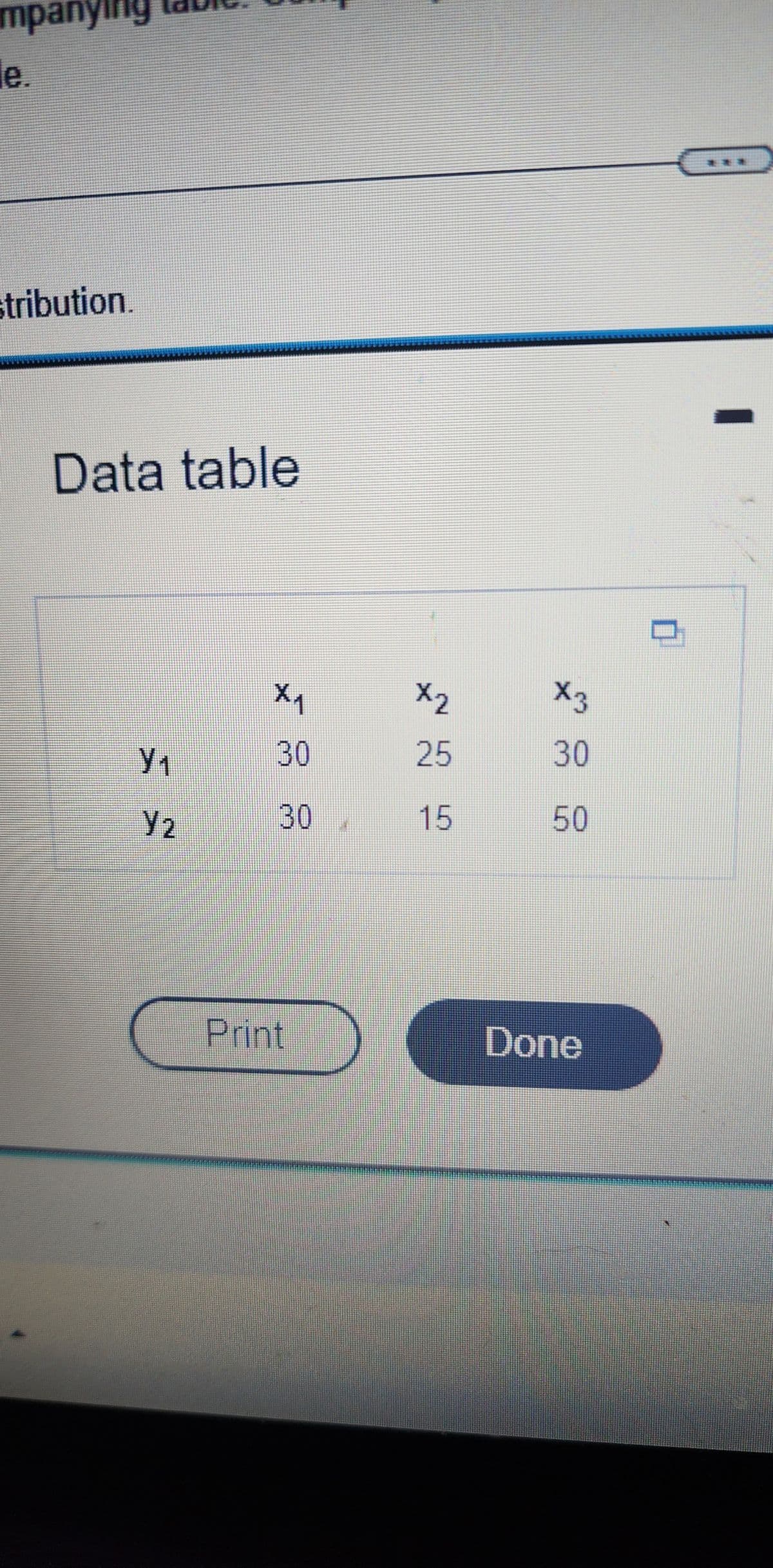 mpanying
le.
stribution.
Data table
Y₁
Y2
X₁
30
Print
X₂
25
15
X3
30
50
Done