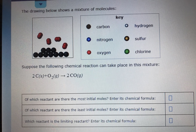 The drawing below shows a mixture of molecules:
key
O carbon
hydrogen
O nitrogen
sulfur
chlorine
охудen
Suppose the following chemical reaction can take place in this mixture:
2 C(s)+O,(g) → 2 CO(g)
Of which reactant are there the most initial moles? Enter its chemical formula:
Of which reactant are there the least initial moles? Enter its chemical formula:
D.
Which reactant is the limiting reactant? Enter its chemical formula:
%3D
