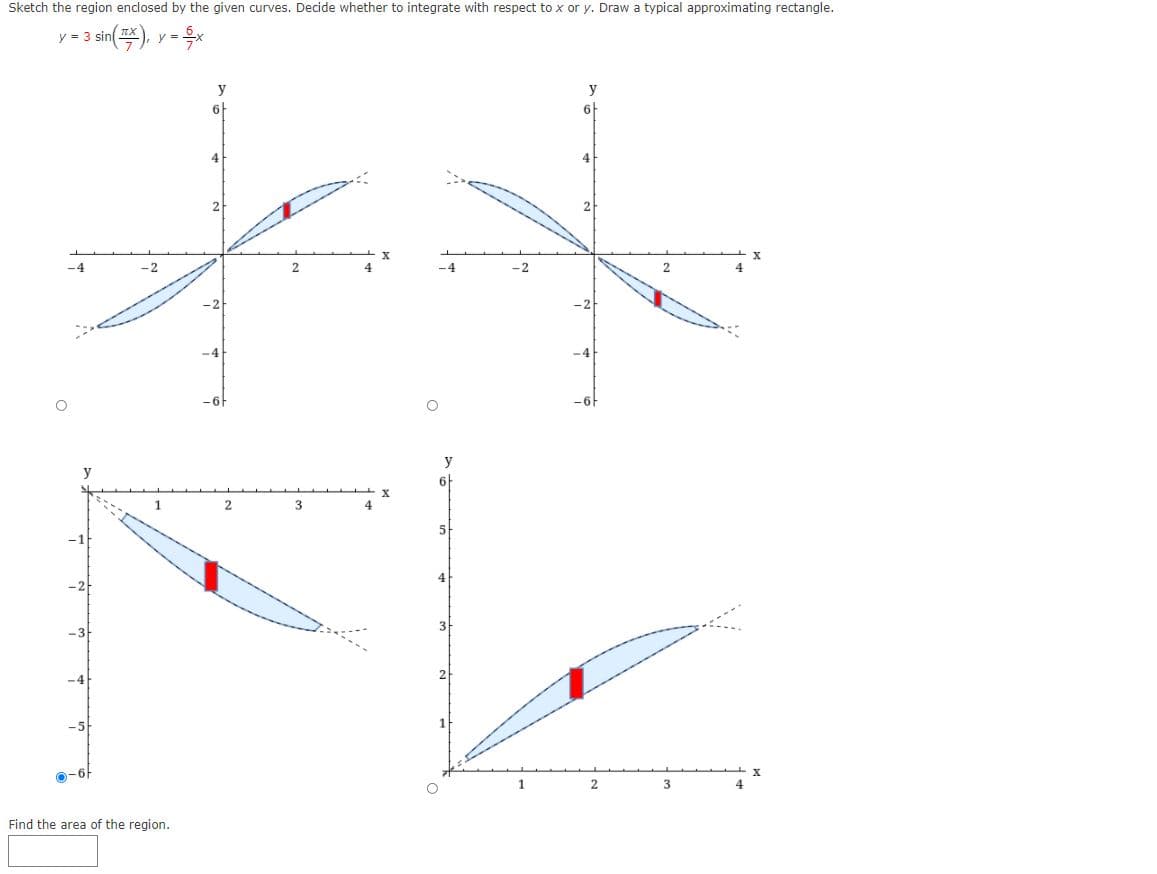 Sketch the region enclosed by the given curves. Decide whether to integrate with respect to x or y. Draw a typical approximating rectangle.
y = 3 sin(), y - x
y
y
6
6
4
4
-4
-2
-4
-2
-2
-4
-6
y
2
3
3
-3
2
-4
-5
0-6
1.
3
Find the area of the region.
