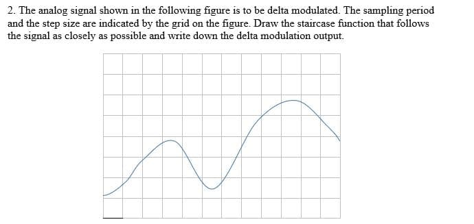 2. The analog signal shown in the following figure is to be delta modulated. The sampling period
and the step size are indicated by the grid on the figure. Draw the staircase function that follows
the signal as closely as possible and write down the delta modulation output.
