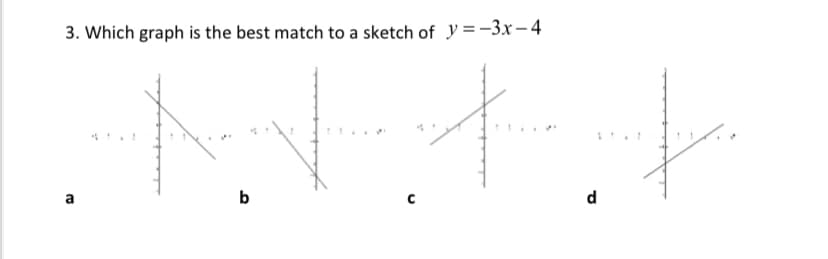 3. Which graph is the best match to a sketch of y =-3x – 4
a
b
d
