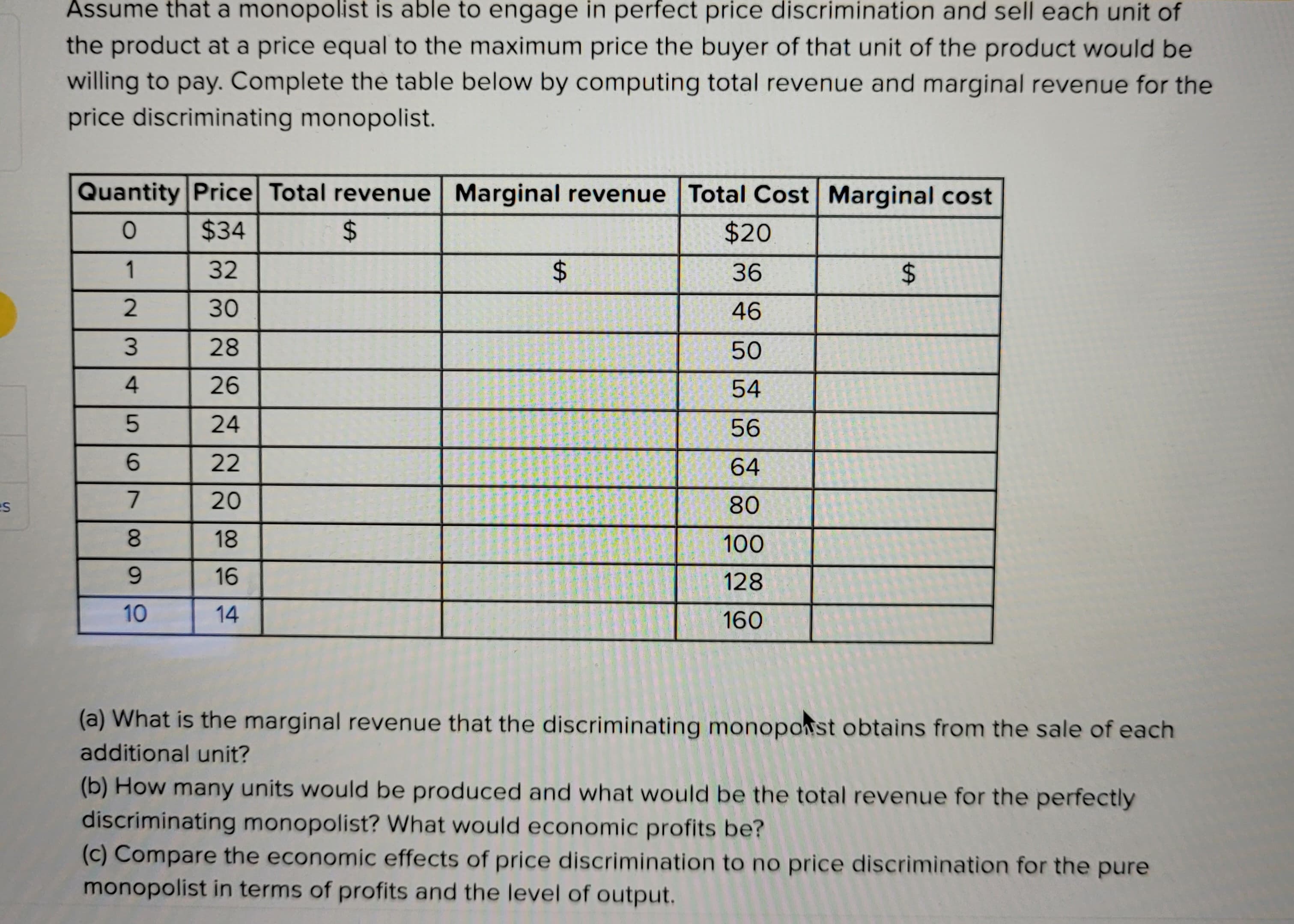s
Assume that a monopolist is able to engage in perfect price discrimination and sell each unit of
the product at a price equal to the maximum price the buyer of that unit of the product would be
willing to pay. Complete the table below by computing total revenue and marginal revenue for the
price discriminating monopolist.
Quantity Price Total revenue Marginal revenue Total Cost Marginal cost
0
$34
$
1
32
30
28
26
24
22
20
18
16
14
234SSN
5
6
7
89
10
$
$20
36
46
50
54
56
64
80
100
128
160
$
(a) What is the marginal revenue that the discriminating monopost obtains from the sale of each
additional unit?
(b) How many units would be produced and what would be the total revenue for the perfectly
discriminating monopolist? What would economic profits be?
(c) Compare the economic effects of price discrimination to no price discrimination for the pure
monopolist in terms of profits and the level of output.