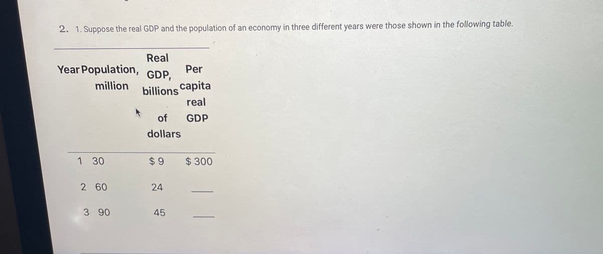 2. 1. Suppose the real GDP and the population of an economy in three different years were those shown in the following table.
Real
Year Population,
Per
GDP,
billions capita
real
million
of
GDP
dollars
1 30
$ 9
$300
2 60
24
3 90
45
