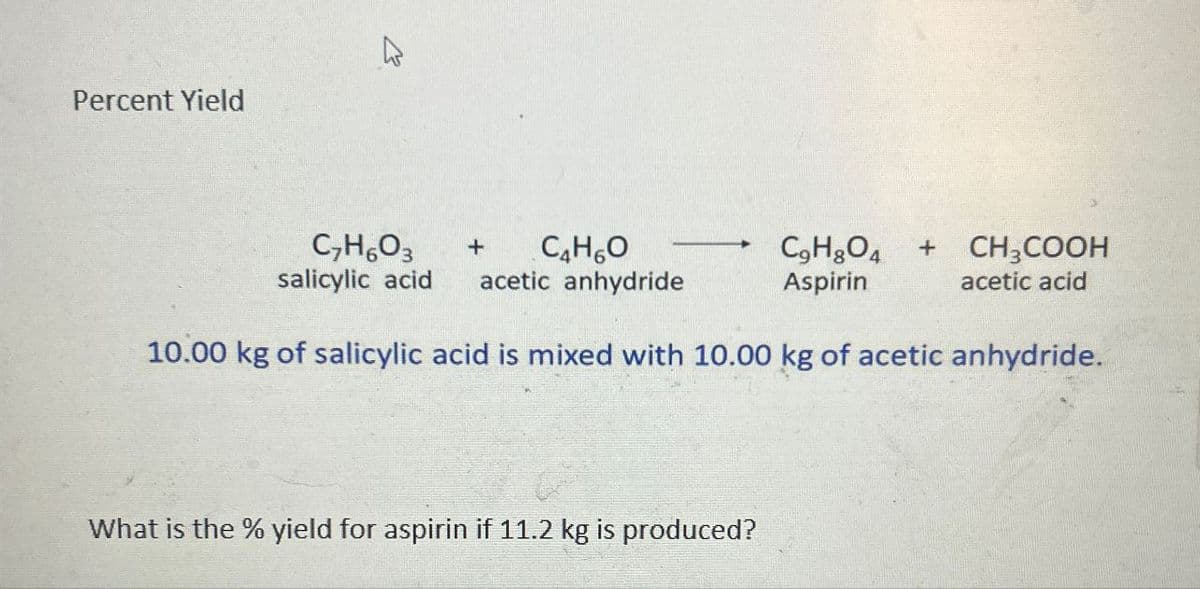 Percent Yield
C7H6O3
salicylic acid
+
CHO
acetic anhydride
C9H8O4
+
Aspirin
CH3COOH
acetic acid
10.00 kg of salicylic acid is mixed with 10.00 kg of acetic anhydride.
What is the % yield for aspirin if 11.2 kg is produced?