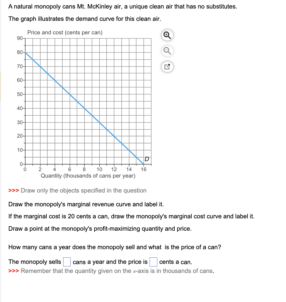 A natural monopoly cans Mt. McKinley air, a unique clean air that has no substitutes.
The graph illustrates the demand curve for this clean air.
Price and cost (cents per can)
90-
80-
70-
60-
50-
40-
30-
20-
10-
0-
0
4
6
8 10 12 14
Quantity (thousands of cans per year)
2
D
16
>>> Draw only the objects specified in the question
Draw the monopoly's marginal revenue curve and label it.
If the marginal cost is 20 cents a can, draw the monopoly's marginal cost curve and label it.
Draw a point at the monopoly's profit-maximizing quantity and price.
How many cans a year does the monopoly sell and what is the price of a can?
The monopoly sells cans a year and the price is
cents a can.
>>> Remember that the quantity given on the x-axis is in thousands of cans.