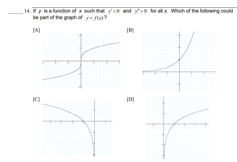 14. If y is a function of x such that y'>0 and y">0 for all x. Which of the following could
be part of the graph of y=f(x)?
[A]
[C]
[B]
[D]
f