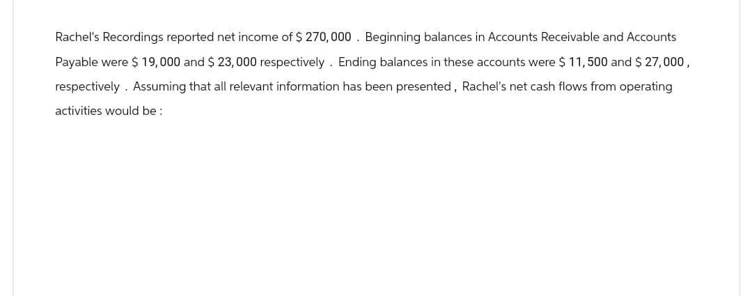 Rachel's Recordings reported net income of $270,000. Beginning balances in Accounts Receivable and Accounts
Payable were $ 19,000 and $23,000 respectively. Ending balances in these accounts were $ 11,500 and $27,000,
respectively. Assuming that all relevant information has been presented, Rachel's net cash flows from operating
activities would be: