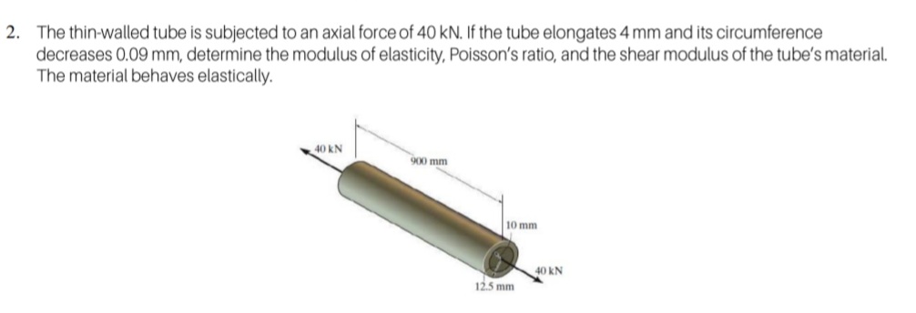 2. The thin-walled tube is subjected to an axial force of 40 kN. If the tube elongates 4 mm and its circumference
decreases 0.09 mm, determine the modulus of elasticity, Poisson's ratio, and the shear modulus of the tube's material.
The material behaves elastically.
40 kN
900 mm
10 mm
40 kN
12.5 mm

