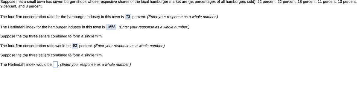Suppose that a small town has seven burger shops whose respective shares of the local hamburger market are (as percentages of all hamburgers sold): 22 percent, 22 percent, 18 percent, 11 percent, 10 percent,
9 percent, and 8 percent.
The four-firm concentration ratio for the hamburger industry in this town is 73 percent. (Enter your response as a whole number.)
The Herfindahl index for the hamburger industry in this town is 1658. (Enter your response as a whole number.)
Suppose the top three sellers combined to form a single firm.
The four-firm concentration ratio would be 92 percent. (Enter your response as a whole number.)
Suppose the top three sellers combined to form a single firm.
The Herfindahl index would be (Enter your response as a whole number.)