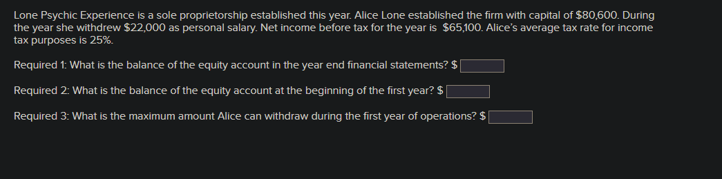 Lone Psychic Experience is a sole proprietorship established this year. Alice Lone established the firm with capital of $80,600. During
the year she withdrew $22,000 as personal salary. Net income before tax for the year is $65,100. Alice's average tax rate for income
tax purposes is 25%.
Required 1: What is the balance of the equity account in the year end financial statements? $
Required 2: What is the balance of the equity account at the beginning of the first year? $
Required 3: What is the maximum amount Alice can withdraw during the first year of operations? $
