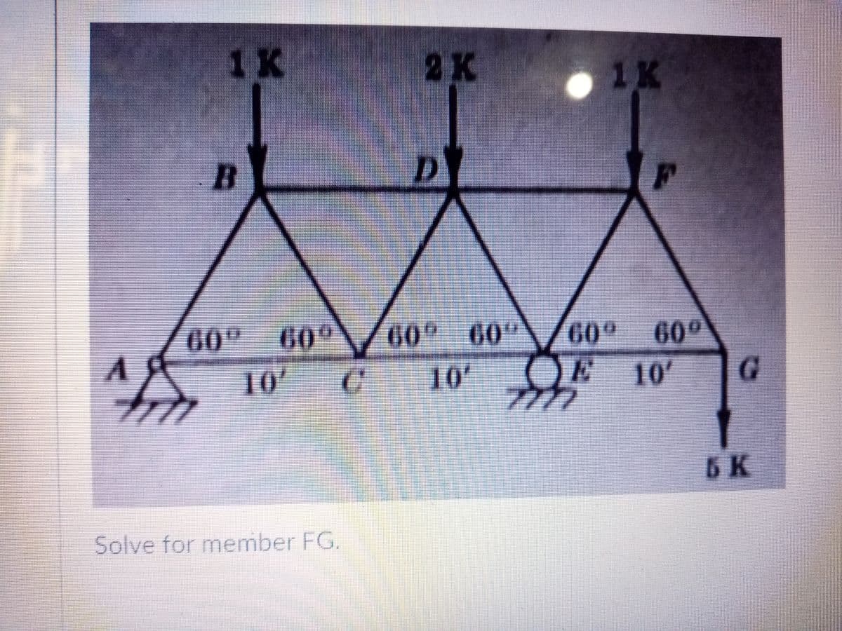 1K
2K
1K
60° 60°
60° 60°
10
60° 60°
10
OE
10'
G.
5 K
Solve for member FG.
