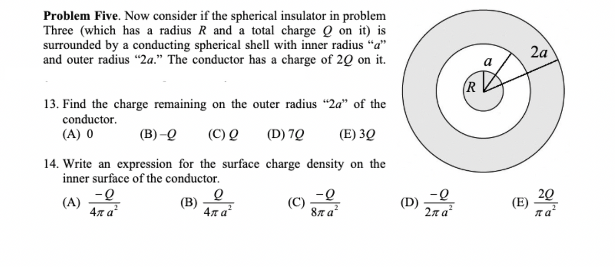 Problem Five. Now consider if the spherical insulator in problem
Three (which has a radius R and a total charge Q on it)
surrounded by a conducting spherical shell with inner radius "a"
and outer radius "2a." The conductor has a charge of 20 on it.
13. Find the charge remaining on the outer radius "2a" of the
conductor.
(A) 0
(B)-Q (C) Q
(D) 70
(E) 30
14. Write an expression for the surface charge density on the
inner surface of the conductor.
-Q
(A)
4π a²
(B)
Q
4π a²
(C)
-Q
8π a²
(D)
-Q
2πατ
a
(E)
2a
20
παζ