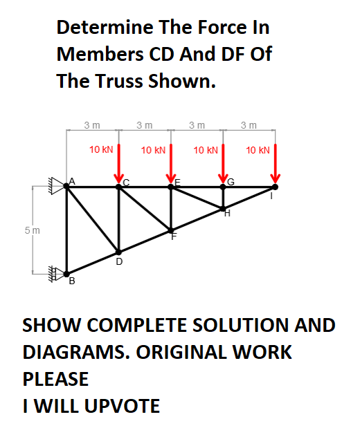 5m
Determine The Force In
Members CD And DF Of
The Truss Shown.
3m
10 KN
3m
10 KN
3 m
10 KN
Н
3m
10 KN
SHOW COMPLETE SOLUTION AND
DIAGRAMS. ORIGINAL WORK
PLEASE
I WILL UPVOTE