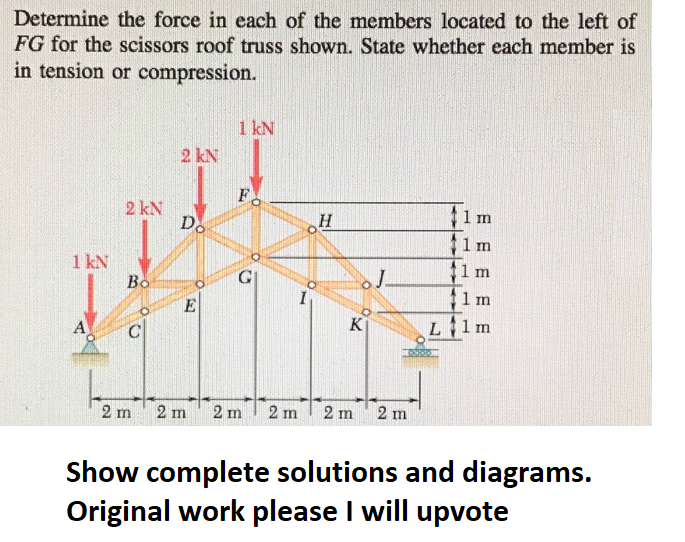 Determine the force in each of the members located to the left of
FG for the scissors roof truss shown. State whether each member is
in tension or compression.
1 kN
2 kN
Во
C
2 kN
Do
E
2 m 2 m
1 kN
Fo
G
2 m
2 m
H
K
2 m
J.
2 m
1 m
1 m
1 m
1 m
L1 m
Show complete solutions and diagrams.
Original work please I will upvote