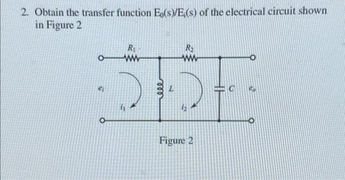 2. Obtain the transfer function Eo(s)/E;(s) of the electrical circuit shown
in Figure 2
1
R₁
mor
L
R2
Figure 2
C