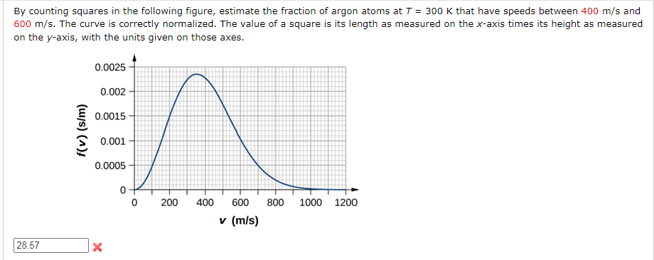 By counting squares in the following figure, estimate the fraction of argon atoms at T = 300 K that have speeds between 400 m/s and
600 m/s. The curve is correctly normalized. The value of a square is its length as measured on the x-axis times its height as measured
on the y-axis, with the units given on those axes.
28.57
f(v) (s/m)
0.0025
0.002
0.0015
0.001
0.0005
X
0
0
200
400 600
v (m/s)
800
1000 1200