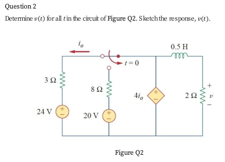 Question 2
Determine v (t) for all t in the circuit of Figure Q2. Sketch the response, v(t).
3 Ω
24 V
(+
io
892
20 V
-t=0
Aio
Figure Q2
+
0.5 H
m
292
le+