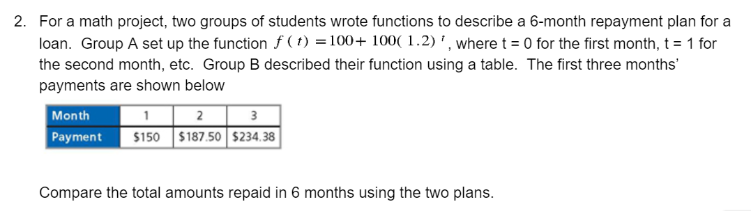 2. For a math project, two groups of students wrote functions to describe a 6-month repayment plan for a
loan. Group A set up the function f (t) = 100+ 100(1.2) ¹, where t = 0 for the first month, t = 1 for
the second month, etc. Group B described their function using a table. The first three months'
payments are shown below
Month
1
2
3
Payment $150 $187.50 $234.38
Compare the total amounts repaid in 6 months using the two plans.