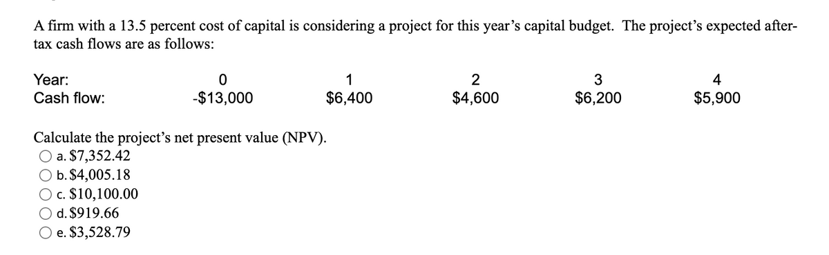 A firm with a 13.5 percent cost of capital is considering a project for this year's capital budget. The project's expected after-
tax cash flows are as follows:
Year:
1
3
4
Cash flow:
-$13,000
$6,400
$4,600
$6,200
$5,900
Calculate the project's net present value (NPV).
O a. $7,352.42
b. $4,005.18
Ос. $10,100.00
d. $919.66
e. $3,528.79
