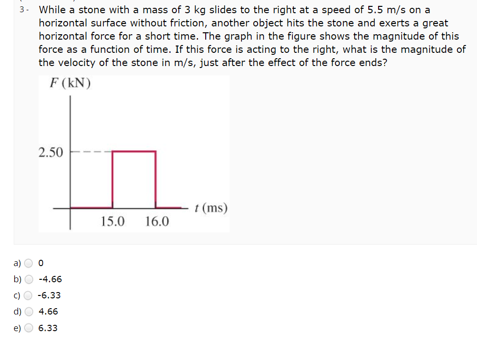 3- While a stone with a mass of 3 kg slides to the right at a speed of 5.5 m/s on a
horizontal surface without friction, another object hits the stone and exerts a great
horizontal force for a short time. The graph in the figure shows the magnitude of this
force as a function of time. If this force is acting to the right, what is the magnitude of
the velocity of the stone in m/s, just after the effect of the force ends?
F (kN)
2.50
t (ms)
15.0
16.0
a) O o
b) O -4.66
c) O -6.33
d) O 4.66
e)
6.33
