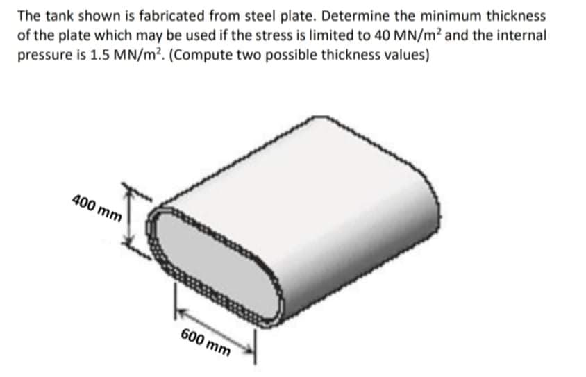 The tank shown is fabricated from steel plate. Determine the minimum thickness
of the plate which may be used if the stress is limited to 40 MN/m2 and the internal
pressure is 1.5 MN/m?. (Compute two possible thickness values)
400 mm
600 mm
